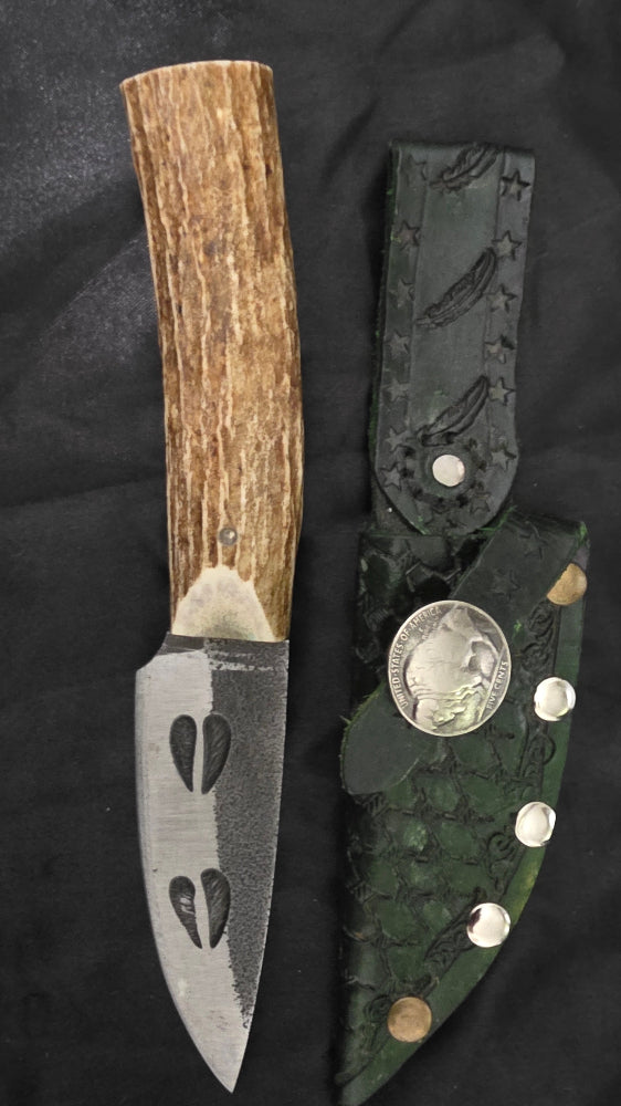 Cute little antler handle hunting Knife with deer tracks on the blade