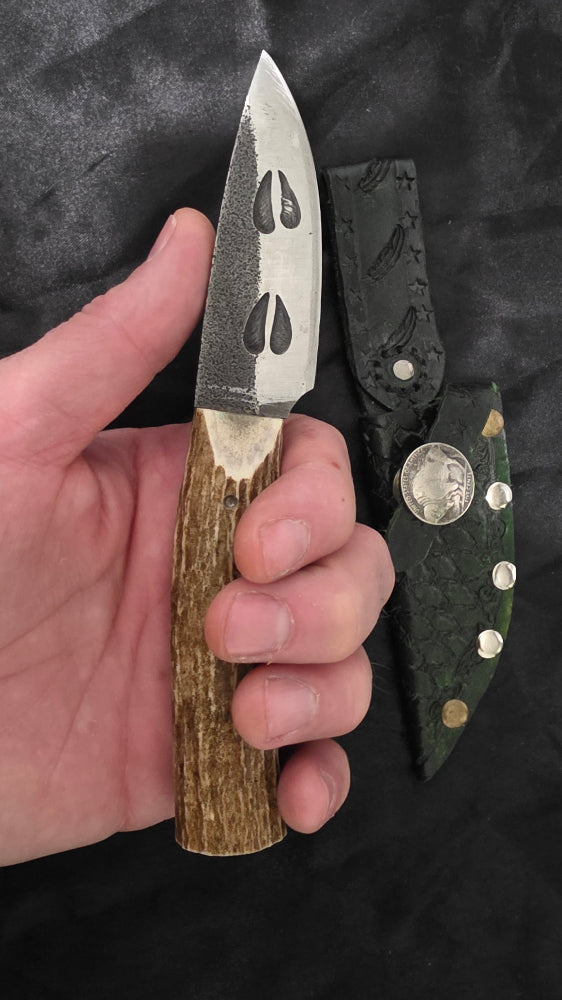 Cute little antler handle hunting Knife with deer tracks on the blade