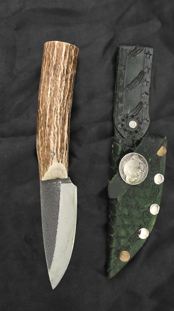 Cute little antler handle hunting Knife with deer tracks on the blade